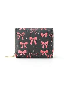 1Pc Kids Mini Wallet With Pink Ribbon Bow Design, PU Leather Trifold Wallet For Girls With Zipper Coin Pouch And Card Slots, Portable And Stylish Small Purse For Daily Outings Or Gifts