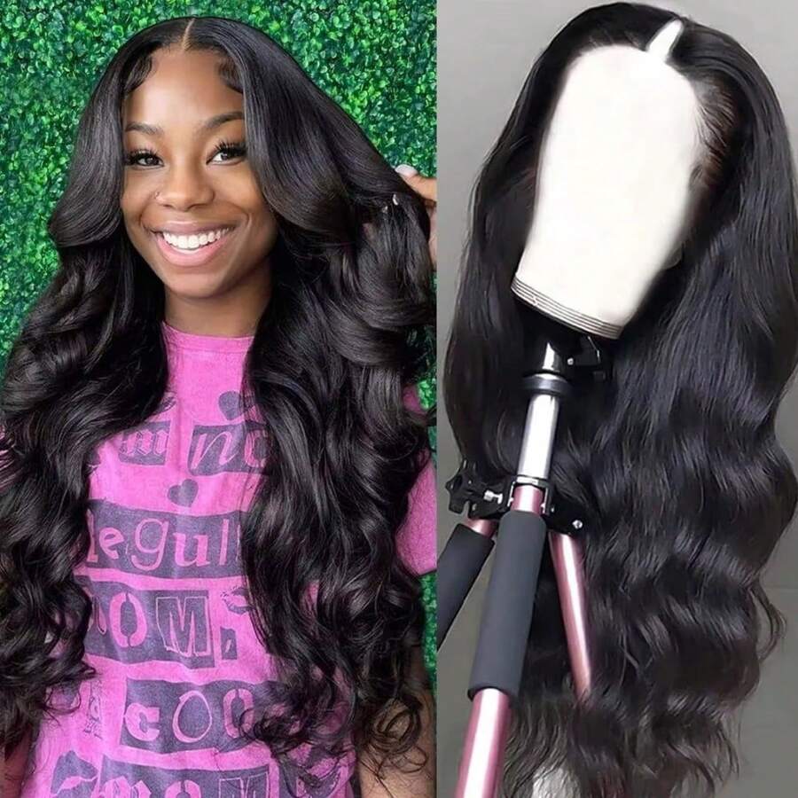 Parrucca da donna con parte a V e onda del corpo, densità 200%, calotta in rete rosa, capelli umani brasiliani, parrucca festiva realizzata a macchina, facile da installare, diverse lunghezze disponibili, - Upgrade V Part Wigs - Natural Black - Visualizzare 1