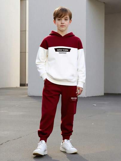 Bộ 2 áo nỉ có mũ in chữ và quần dài thường ngày có túi cho bé trai, trang phục thoải mái khi ra ngoài đường phố, mùa xuân/thu