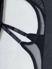 性感内衣连体衣，侧边镂空露肩上衣，无裆连体衣，少女服装，长筒袜 - 黑色 - 查看 7