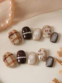 10pcs Acrylic Press On Nails Cat's Eye Brown Nails Leopard Nails Bow Stripe Fake Nails Short Office DailyWear False Nails Artificial Nails Kit Includes 1sheet Adhesive Tabs &1 Pc Mini File - Multicolor - View 1