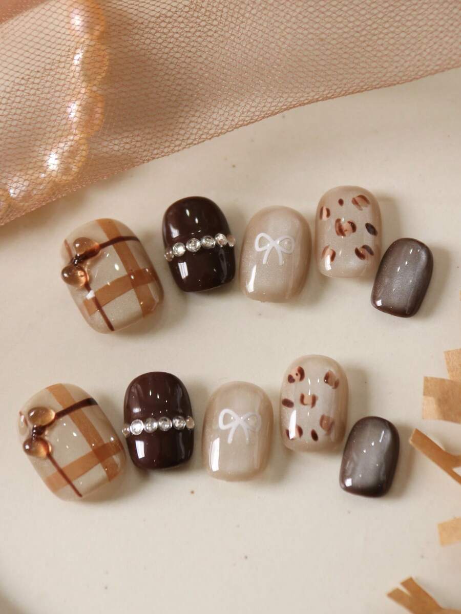 10pcs Acrylic Press On Nails Cat's Eye Brown Nails Leopard Nails Bow Stripe Fake Nails Short Office DailyWear False Nails Artificial Nails Kit Includes 1sheet Adhesive Tabs &1 Pc Mini File - Multicolor - View 1