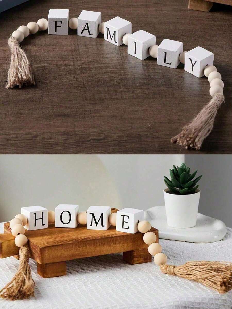 1PC Home ,Family Font Wooden Beaded Tassel Garland Decoration Square Wooden Letter Beads Original Wood Color Wooden Beads Rope Tassel String Home Decoration Pendant Crafts