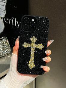 1pc Black Crystal Cross Luxury Vintage Gothic Style Phone Case For ICover 17 Pro Max - Gold - View 5