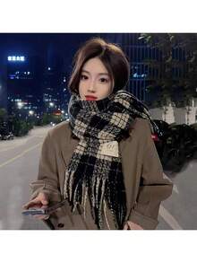 1pc Men's Autumn/Winter Warm Plaid Tassel Scarf, Gift For Men