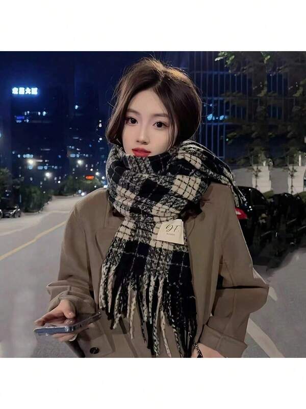 1pc Men's Autumn/Winter Warm Plaid Tassel Scarf, Gift For Men