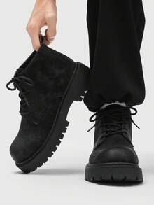 Men's Fashionable High-Top Round Toe Ankle Boots, Thick Sole, Wear-Resistant, Vintage Casual Style, Suitable For Plus Size, Winter Outdoor - 黑色 - 查看 2