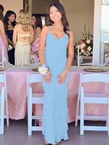 Vestido de cóctel elegante de mujer con tirantes finos, espalda descubierta, volantes y silueta ajustada, 2025 QMO3 - Azul - Ver 9