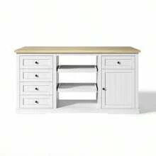 Sideboard, Kitchen Island, Bar Cabinet With 5 Drawers, 2 Pull-Out Shelves, Foldable Extension Panel, And Integrated Power Outlets, For Kitchen, Dining Room, And Living Room, White, 150*65*75 Cm - White - View 11