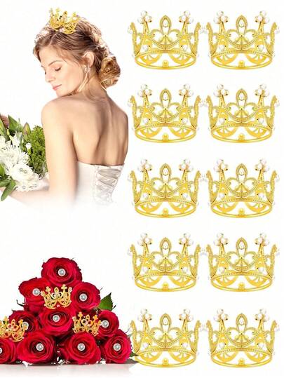 Minicronas para ramos de flores, minicrona como decoración para pasteles, pequeños adornos con cristales y perlas para decorar cupcakes, arreglos florales, baby shower, cumpleaños y bodas