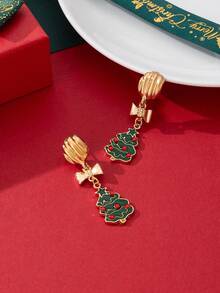 2 piezas Pendientes de árbol de Navidad de aleación de zinc y esmalte con efecto de goteo, adecuados para que las mujeres los usen durante la Navidad