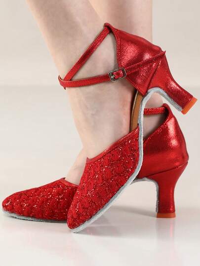 女士拉丁舞鞋亮片包头舞鞋交谊莎莎舞厅练习表演舞鞋婚礼派对高跟红色舞鞋