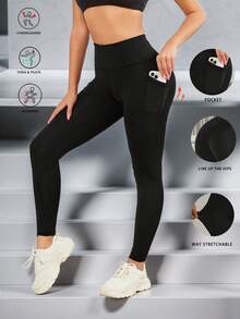 Women's High Waist Tummy Control Pocket Yoga Pants, Fitness Leggings, Skinny Tight Activewear, Outdoor Compression Pants - Black - View 1