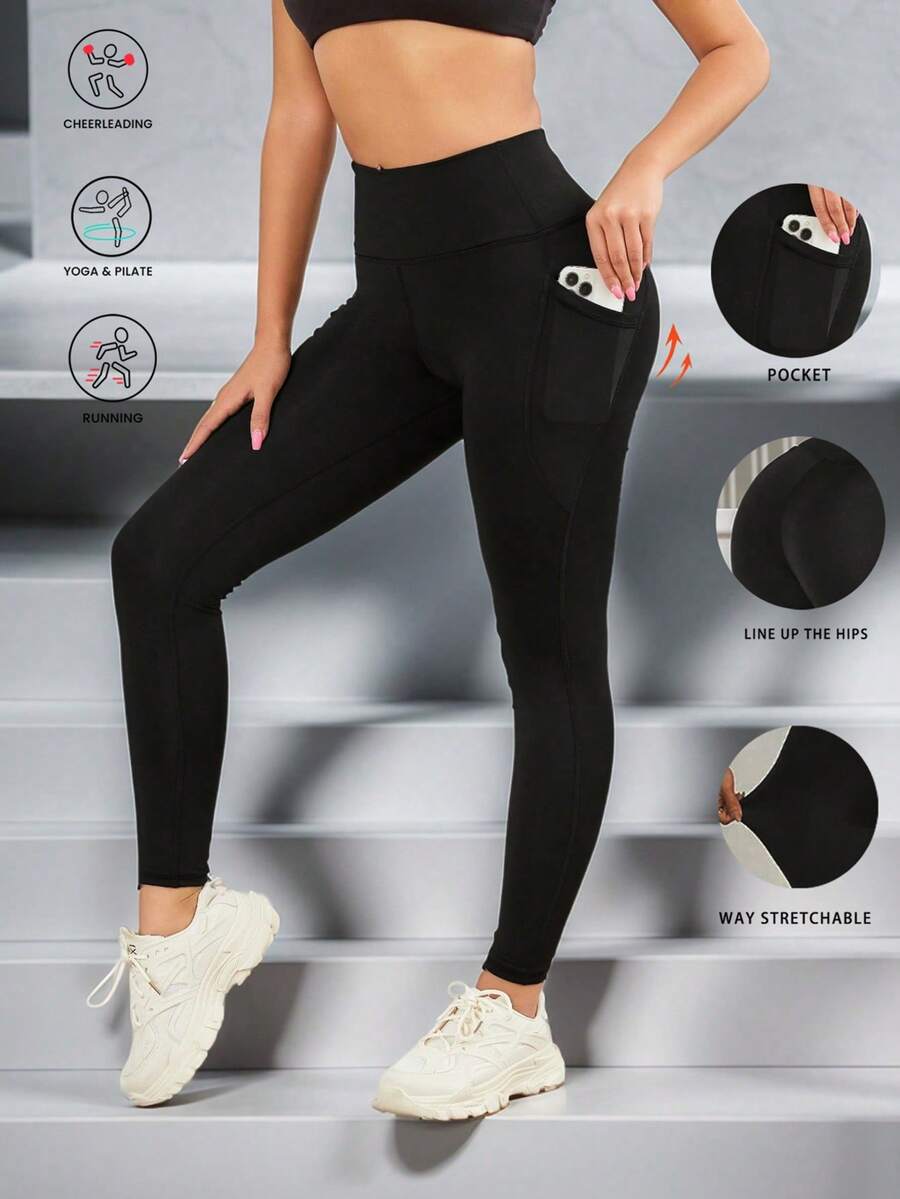 Women's High Waist Tummy Control Pocket Yoga Pants, Fitness Leggings, Skinny Tight Activewear, Outdoor Compression Pants - Black - View 1
