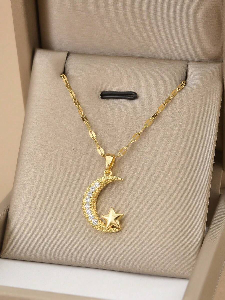 1 件时尚全水钻月亮和星星不锈钢项链,黄金首饰,金项链,珠宝,女士配饰,送给她的礼物,派对,暑假 - 金黃色 - 查看 1