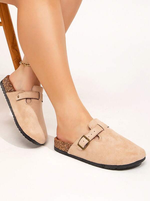 Wide Fit Boken Women's Spring 2025 New Large-Size Closed Toe Solid Color Fashionable And Versatile Decorative Buckle Slouchy Style Sloping Heel Thick Sole Shoes