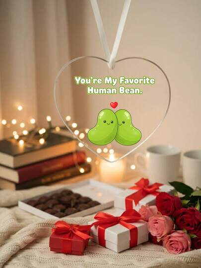 1PC 8CM Cute Heart Shaped Ornament, UV Printed 'Favorite Human Bean' Funny Love Slogan Decor, Unique Valentine's Day Gift For Partner Best Friend, Humorous Anniversary Keepsake, Home Decor Pendant