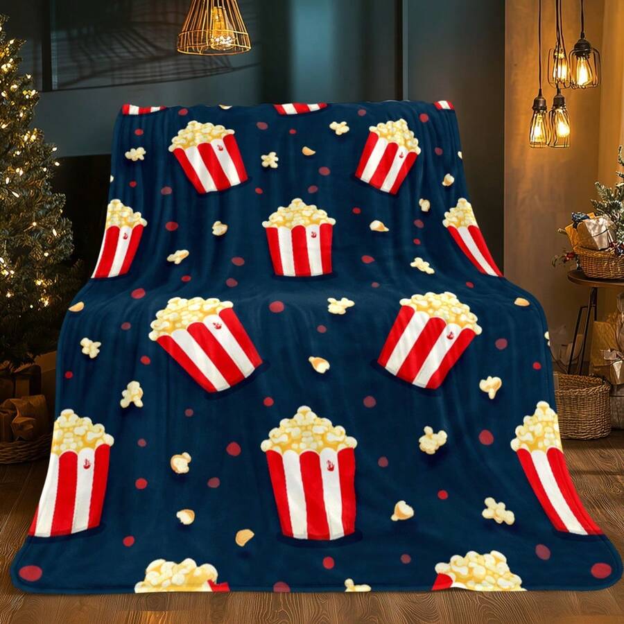 Cozy Movie Night Flannel Blanket - Soft  Polyester With HD Digital Print Popcorn, Soda & Film Reel Design, Black Background & Neon Accents, Super Soft Flannel Printed 3D Blanket, As Birthday Gifts, Family, Wedding, Souvenir Blankets, Polyester Blankets Suitable For All Seasons, Washable, Machine Washable, Lightweight, Breathable, Comfortable, Warm, Unique, 280gsm For Him, Her Personalized Ideal Gifts For Her, Him, Family, Boyfriend, Girlfriend, Father, Family, Mother, Lover, Daughter, Son, Grandfather, Grandmother, Friend, Classmate, Pet. Perfect Nap, Camping, Travel, Home, Daily Life, Office Decoration, Birthday, Anniversary, Valentine's Day, Thanksgiving, Christmas, Halloween, Mother's Day, Father's Day, Wedding, New Year Gifts ,Sofa,Bed,Car,Bedroom,Living Room,Office,  Outdoor Camping, Beach,Wall Decoration - Nhiều màu 3 - Xem 1
