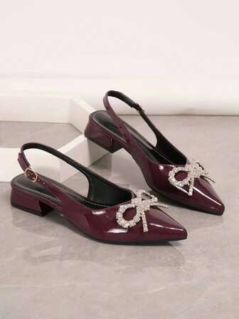 Pointed Toe Elegant High Heel Party Shoes With Buckle, Rhinestone Bow Decor, Comfortable Office Pumps For Women