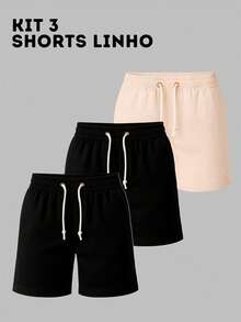 Kit 3 Shorts em Linho Masculino Premium Mauricinho  Social Casual Moda Praia verão Brim Super Fresquinho Preto e Bege