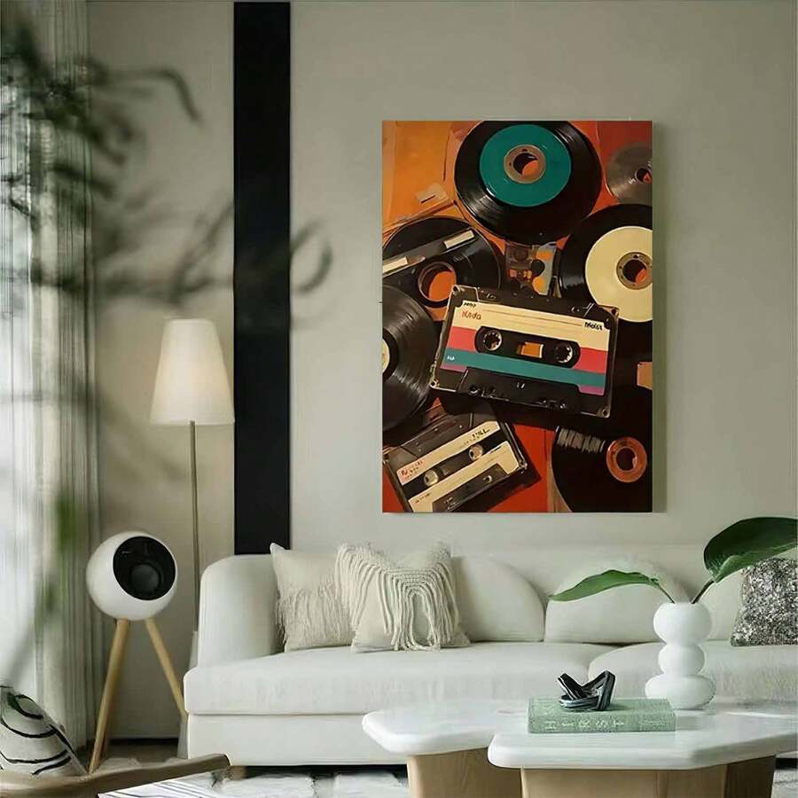 Framed 1pc Vintage Cassette Tape Poster - Retro Abstract Wall Art With Green & Black Records, Perfect For Living Room, Office, Library, Bar, Or Cafe Decor - Ideal Gift For Birthdays, Holidays, And Special Occasions, Music Room Decor - Framed(Framed(框架)) - 查看 1