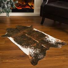 Faux Cowhide Rug, Cow Print, Rustic Western Rugs For Living Room Bedroom, Irregular Animal Skin Hides, 4.6 X 5.2ft, Anti-Skid Cool Carpets For Cowboy Cowgirl Home Decor, Khaki Brown - 橄欖綠 - 查看 4