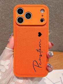 【定制】个性化刻字字母名字复古荔枝纹仿皮手机壳，适用于 17/16/15/14/13/12/11 Pro Max/17，防震保护套 - 橘色 - 查看 7