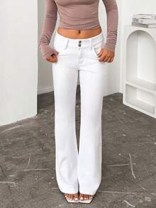 白色低腰喇叭牛仔裤，纯色简约修身喇叭裤腿弹力牛仔裤，百搭休闲春季单品 - 白色 - 查看 4