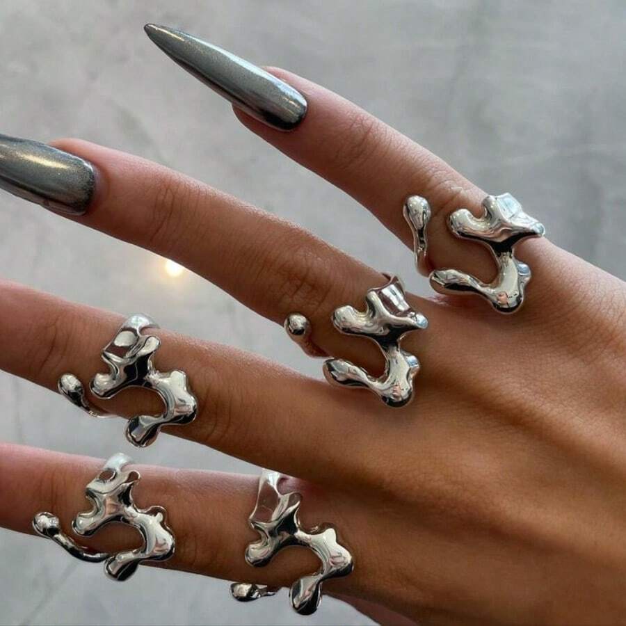 5 件套创意水滴设计可叠戴几何戒指，女士日常、约会、派对配饰，节日礼物 - 銀色 - 查看 1