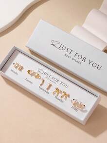 GEREIT 5 对/套时尚三叶草、蝴蝶结、心形锆石耳钉首饰套装，适合女性日常佩戴情人节、妈妈、母亲、母亲节、礼物