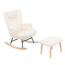 Caluself Schaukelstuhl mit Hocker lesesessel Schaukelsessel wohnzimmer,Aus Teddyplüsch bis 136 kg mit Kopfstütze,Seitentaschen und Fußstütze Lounge Chair fürs Wohnzimmer Schlafzimmer Balk - Weiss - Übersicht 3