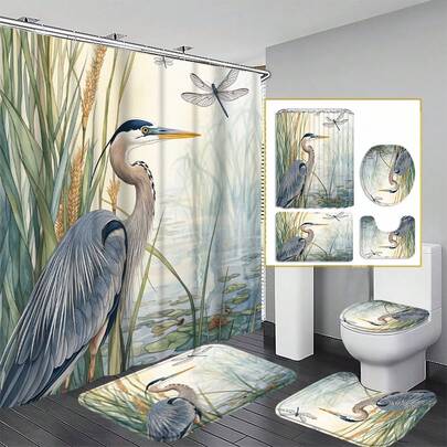1/4pcs Set Heron Pattern Shower Curtain, Watercolor Blue-Gray Bird Bathroom Decor, Spring/Summer Natural Style Fabric Shower Curtain With Hooks, 71x71 Inches