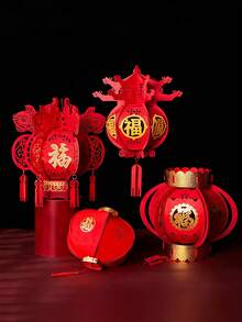 Chinese Lantern, Auspicious Red Lantern, Non-Woven Fabric New Year Festival Wedding Party Decoration, Pendant Home Decor, Traditional Chinese New Year Red Lantern Spring Festival Decoration Non-Woven Red Lantern With Tassel Party Supplies, Chinese Style Paper Lantern, DIY Red Hanging Paper Lantern With "Fu" Character, Suitable For Birthday, Wedding, Christmas, Home Decor And Party Decoration - Red - View 4