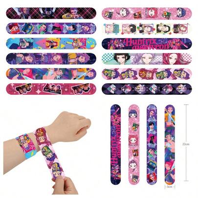 1 Set (12 Pieces) K-POP () Slap Bracelets - Anime PVC Wristbands, Youth- Snap-O N Accessories For Fan Collection, Stall Gifts & Themed Party Favors (Vivid Character Prints, PVC, REACH-Compliant)