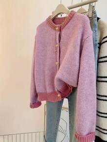 ii Plus Size Women Casual Color Block Patchwork Cardigan, Autumn/Winter - Pink - View 1