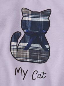 1 件女童休闲“我的猫”字母、蝴蝶结和猫图案柔软针织长袖运动衫连衣裙，格子图案，秋冬 - 紫色 - 查看 4