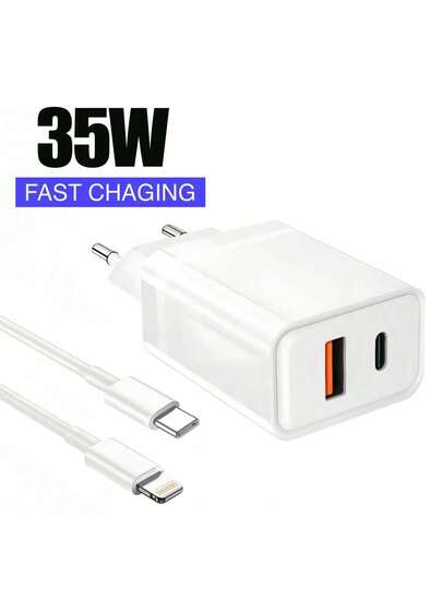 Çift USB ve Type-C bağlantı noktasına sahip 35W Süper Hızlı Şarj Cihazı, USB - Type-C ve Type-C - Lightning Kabloları İçerir, İki Cihazı Aynı Anda Şarj Etmeyi Destekler, 17/16/15/14 ve S25/S24/S23/S22/S21 Serisi ile Uyumludur, Hızlı Şarjı Destekler, Ev, Ofis ve Seyahat İçin İdealdir