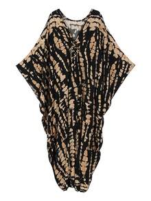 Elegant Women's Arabic Tie-Dye Print V-Neck Batwing Sleeve Long Slit Robe Vacation Spring - Multicolor - View 4