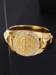 Hip-Hop Avant-Garde Large Dollar Sign Men's Ring With Sparkling Synthetic Cubic Zirconiaia Stones, Golden-Tone Statement For Parties, Christmas, Halloween & Daily Wear - Perfect Gift For Men, Hip Hop, Party Accessory, Design, Luxurious Appearance