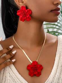 Set de bijuterii pentru femei 3 buc, colier și cercei cu pandantiv din lanț de șarpe floral pictat în roșu, accesorii de modă elegante vintage pentru sărbători, călătorii, petreceri, întâlniri