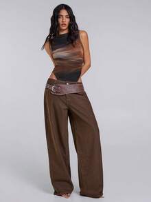 TypaGal 秋冬季现代狂野时尚新年派对复古优雅性感街头极简棕色网眼印花扎染修身连体衣 - 棕色 - 查看 5