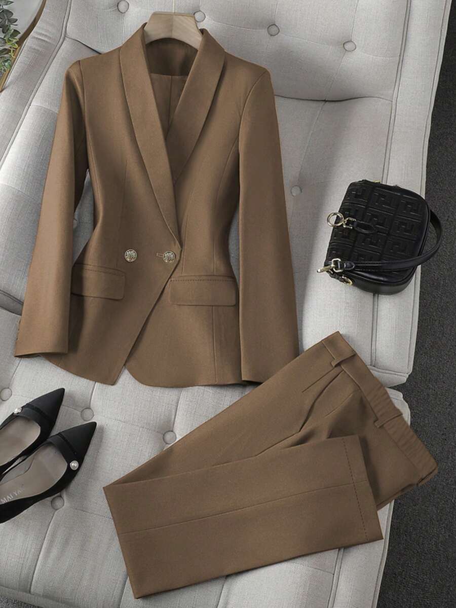 Solid Color Single Button Long Sleeve Single-Breasted Waistcoat Suit Pants Two-Piece Set - màu nâu - Xem 1