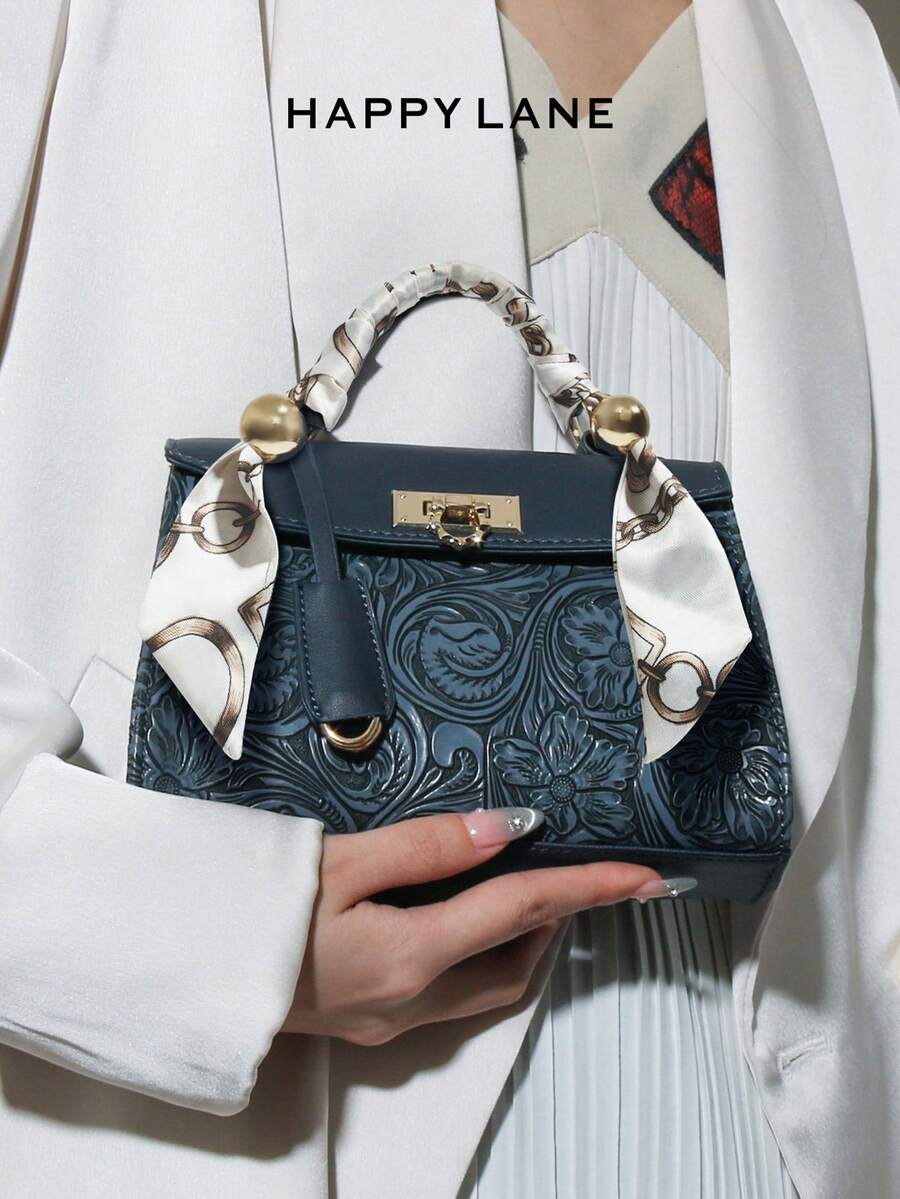 HAPPY LANE Fashionable Brown Patchwork Minimalist Style Handbag, Retro Vacation Vibe Shoulder Bag, Comes With Ribbon Accessory, Suitable For Business, Casual, Shopping, School, Front Twist Lock Handbag, Detachable Shoulder Strap, Crossbody Bag, Lightweight & Durable, Vintage Charm, Elegant & Unique Style For Women, Versatile For Any Occasion - 藏蓝色 - 查看 1