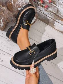 Giày lười nữ đế dày, kiểu dáng slip-on, trang trí dây xích kim loại thời trang, giày lười đế cao. - màu đen - Xem 2