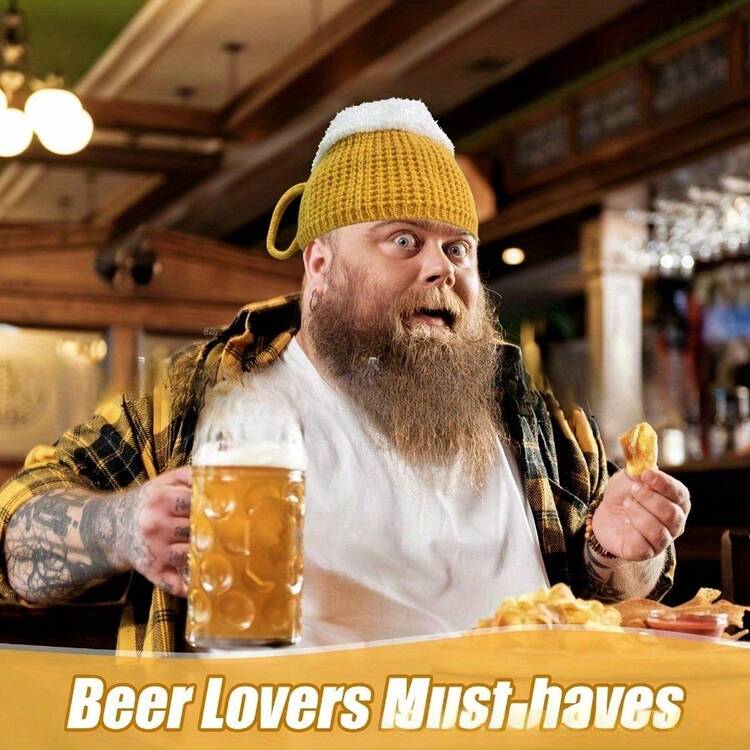 1 件/1 双男女款趣味啤酒帽和啤酒袜，厚实保暖，适合派对和节日 - 帽子+襪子(黃色) - 查看 3