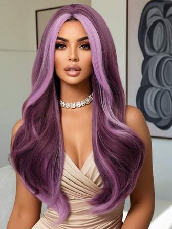 性感角色扮演芋头紫高光粉色波浪长卷发假发女士蓬松柔软头发天然合成耐热假发适合日常使用派对假发服装假发音乐表演万圣节圣诞节假发狂欢节 26 英寸