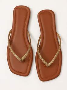 Women's Flat Sandals With Shiny Comfortable Flip-Flops - 駝色 - 查看 3