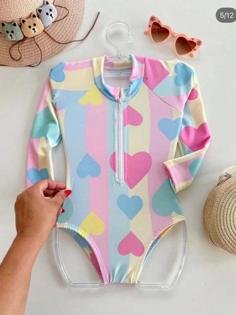 UV Protection Candy Color Magic Hearts Children's Swimsuit With Zipper - Nhiều màu - Xem 1