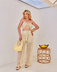 Women's Crochet Knit Set, Pants And Cropped Premium - Rượu sâm banh - Xem 5