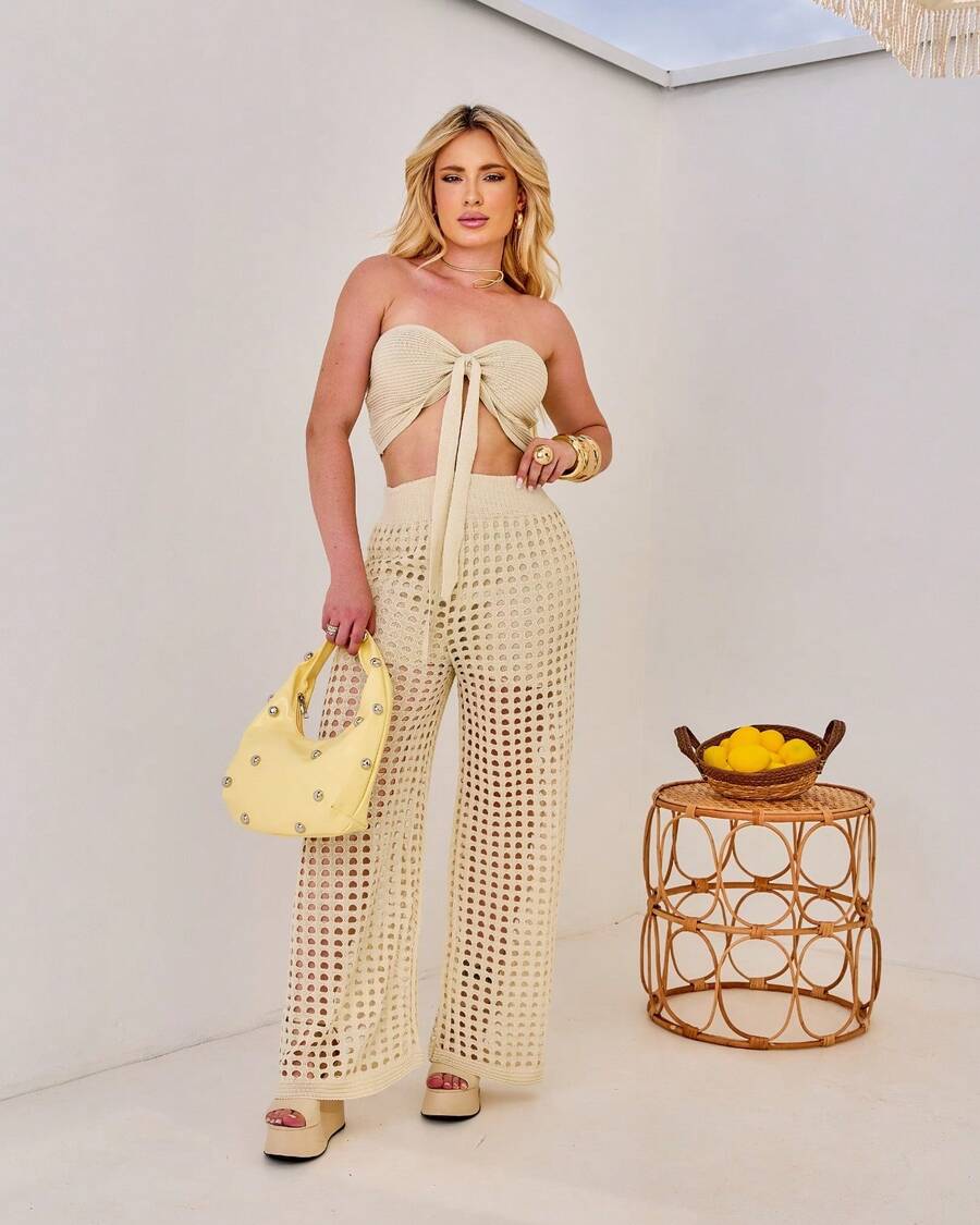 Women's Crochet Knit Set, Pants And Cropped Premium - Rượu sâm banh - Xem 1